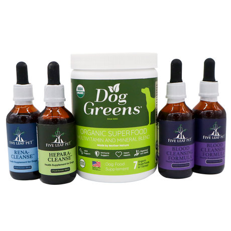 Five Leaf Botanicals | Canine Kidney Health Program featuring a large tub of organic supplement powder flanked by two bottles of Rena-Cleanse and Hepara-Cleanse on the left and two bottles of Blood Cleansing Formula on the right.