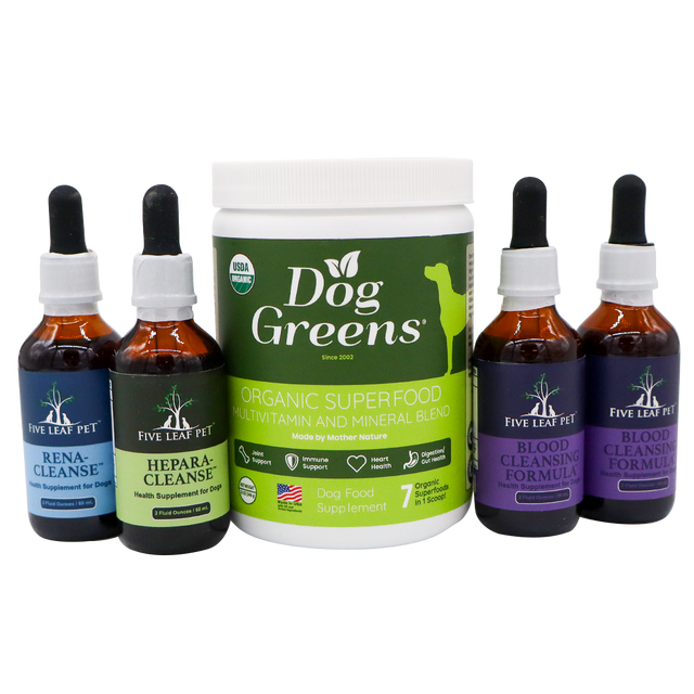 Five Leaf Botanicals | Canine Kidney Health Program featuring a large tub of organic supplement powder flanked by two bottles of Rena-Cleanse and Hepara-Cleanse on the left and two bottles of Blood Cleansing Formula on the right.