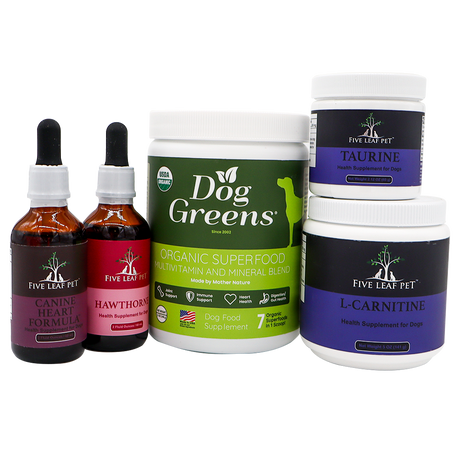 Two liquid supplement bottles, a large tub of green powder, and two smaller tubs of Five Leaf Botanicals | Canine Heart Health Program for dogs.