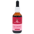 A brown glass dropper bottle labeled Five Leaf Botanicals | Hawthorne Tincture for Dogs, 2 fluid ounces (60 mL), with a red and pink label featuring a tree and two animals. This supplement contains wild harvested hawthorne to support your pet’s overall wellness.
