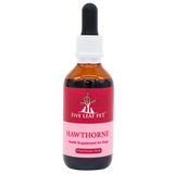A brown glass dropper bottle labeled Five Leaf Botanicals | Hawthorne Tincture for Dogs, 2 fluid ounces (60 mL), with a red and pink label featuring a tree and two animals. This supplement contains wild harvested hawthorne to support your pet’s overall wellness.