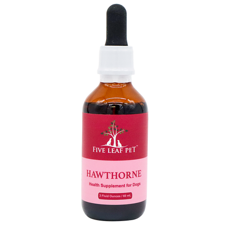 A brown glass dropper bottle labeled Five Leaf Botanicals | Hawthorne Tincture for Dogs, 2 fluid ounces (60 mL), with a red and pink label featuring a tree and two animals. This supplement contains wild harvested hawthorne to support your pet’s overall wellness.