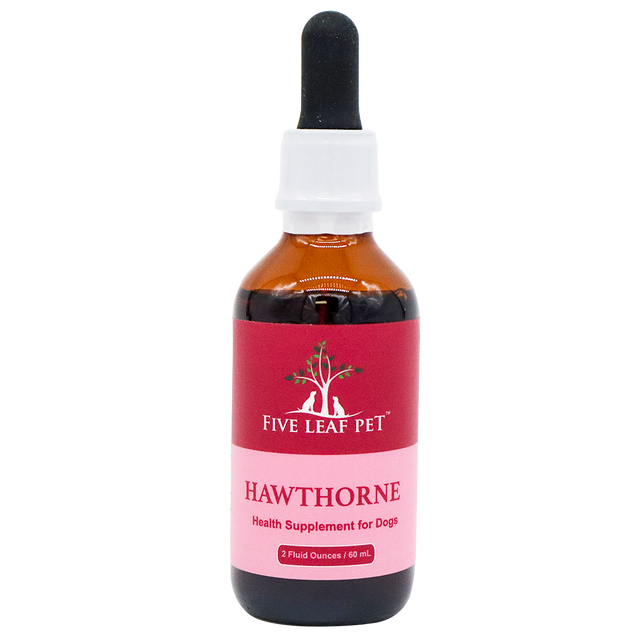 A brown glass dropper bottle labeled Five Leaf Botanicals | Hawthorne Tincture for Dogs, 2 fluid ounces (60 mL), with a red and pink label featuring a tree and two animals. This supplement contains wild harvested hawthorne to support your pet’s overall wellness.