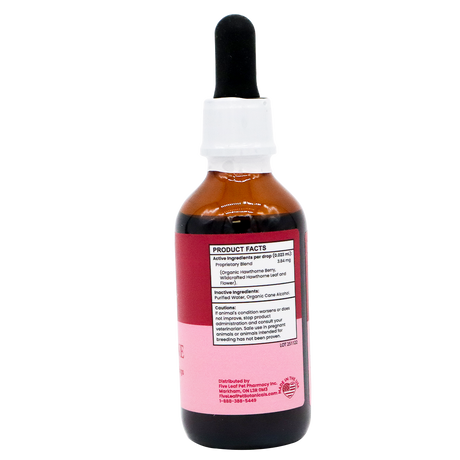 A brown glass dropper bottle with a black dropper cap and white label is shown from the back. The label displays product information and caution details in black text on a white background, indicating that the contents are Five Leaf Botanicals | Hawthorne Tincture, an organic formula crafted from wild harvested hawthorne berries.