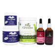 Five Leaf Botanicals | Canine Heart Health Program features five carefully crafted, all-natural heart supplements for dogs: two white tubs labeled Taurine and L-Carnitine, one white jar labeled Dog Greens, and two amber dropper bottles labeled Hawthorne and Canine Heart Formula—all expertly designed to promote herbal dog heart support and optimal canine heart health.