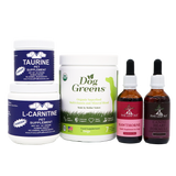 Five Leaf Botanicals | Canine Heart Health Program features five carefully crafted, all-natural heart supplements for dogs: two white tubs labeled Taurine and L-Carnitine, one white jar labeled Dog Greens, and two amber dropper bottles labeled Hawthorne and Canine Heart Formula—all expertly designed to promote herbal dog heart support and optimal canine heart health.