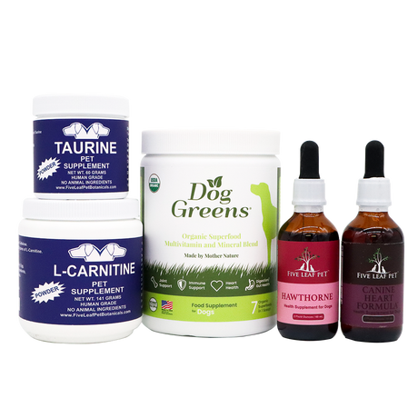 Five Leaf Botanicals | Canine Heart Health Program features five carefully crafted, all-natural heart supplements for dogs: two white tubs labeled Taurine and L-Carnitine, one white jar labeled Dog Greens, and two amber dropper bottles labeled Hawthorne and Canine Heart Formula—all expertly designed to promote herbal dog heart support and optimal canine heart health.