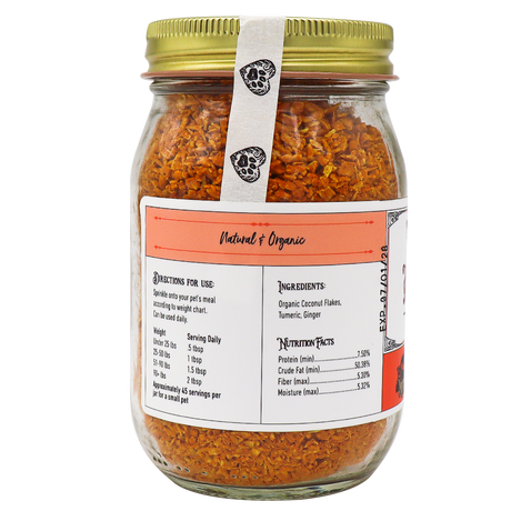 Project Sudz | Hip & Joint Support for Dogs and Cats - 210g comes in a glass jar with a gold lid, filled with orange flakes. The label features ingredients (coconut, turmeric, ginger), nutrition facts, and directions for pet use. Prominently marked as Natural & Organic, this hip & joint formula harnesses the power of turmeric to help support overall mobility in dogs and cats.
