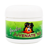 A white container labeled Biostar Garden Juvenate K9, featuring an illustration of a dog on a green background. The label highlights support for digestion, immunity, and energy in dogs.