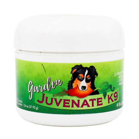 A white container labeled Biostar Garden Juvenate K9, featuring an illustration of a dog on a green background. The label highlights support for digestion, immunity, and energy in dogs.