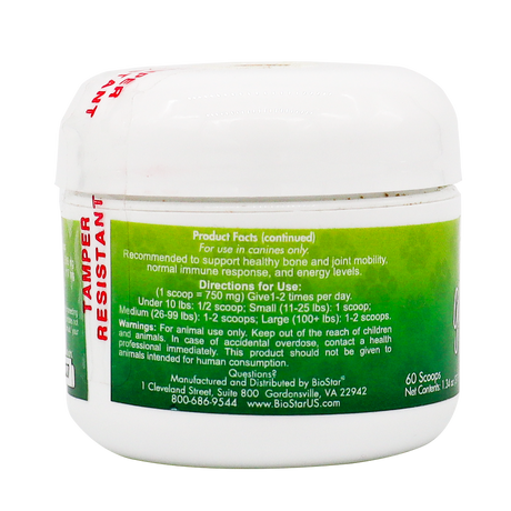 A white container of Biostar Garden Juvenate K9 featuring a green label that provides directions for use, dosage instructions, cautionary statements, and manufacturer details for this canine supplement. The label notes that the product is not for human consumption and displays the BioStar name.