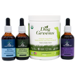 Four pet supplement products—including two Five Leaf Botanicals dropper bottles labeled Rena-Cleanse and Hepara-Cleanse, one Blood Cleansing Formula, and a white tub of Dog Greens organic superfood for dogs—make up the Five Leaf Botanicals Canine Kidney Health Program. Each item is formulated to promote overall wellness and provide herbal kidney support formulas ideal for canine kidney health.