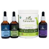 Four pet supplement products—including two Five Leaf Botanicals dropper bottles labeled Rena-Cleanse and Hepara-Cleanse, one Blood Cleansing Formula, and a white tub of Dog Greens organic superfood for dogs—make up the Five Leaf Botanicals Canine Kidney Health Program. Each item is formulated to promote overall wellness and provide herbal kidney support formulas ideal for canine kidney health.