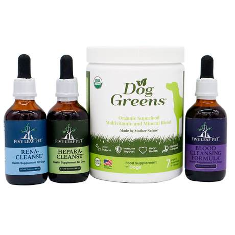 Four pet supplement products—including two Five Leaf Botanicals dropper bottles labeled Rena-Cleanse and Hepara-Cleanse, one Blood Cleansing Formula, and a white tub of Dog Greens organic superfood for dogs—make up the Five Leaf Botanicals Canine Kidney Health Program. Each item is formulated to promote overall wellness and provide herbal kidney support formulas ideal for canine kidney health.