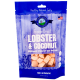 Shepherd Boy Farms | Freeze-Dried Lobster & Coconut Treats - 2oz features chunky lobster and organic coconut for dogs and cats in a blue and white bag. The packaging highlights “Healthy. Natural. Tasty.” and “100% All Natural.”.