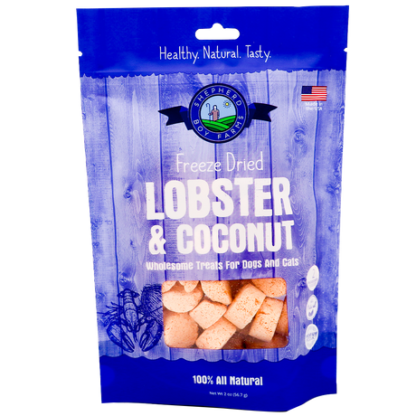 Shepherd Boy Farms | Freeze-Dried Lobster & Coconut Treats - 2oz features chunky lobster and organic coconut for dogs and cats in a blue and white bag. The packaging highlights “Healthy. Natural. Tasty.” and “100% All Natural.”.