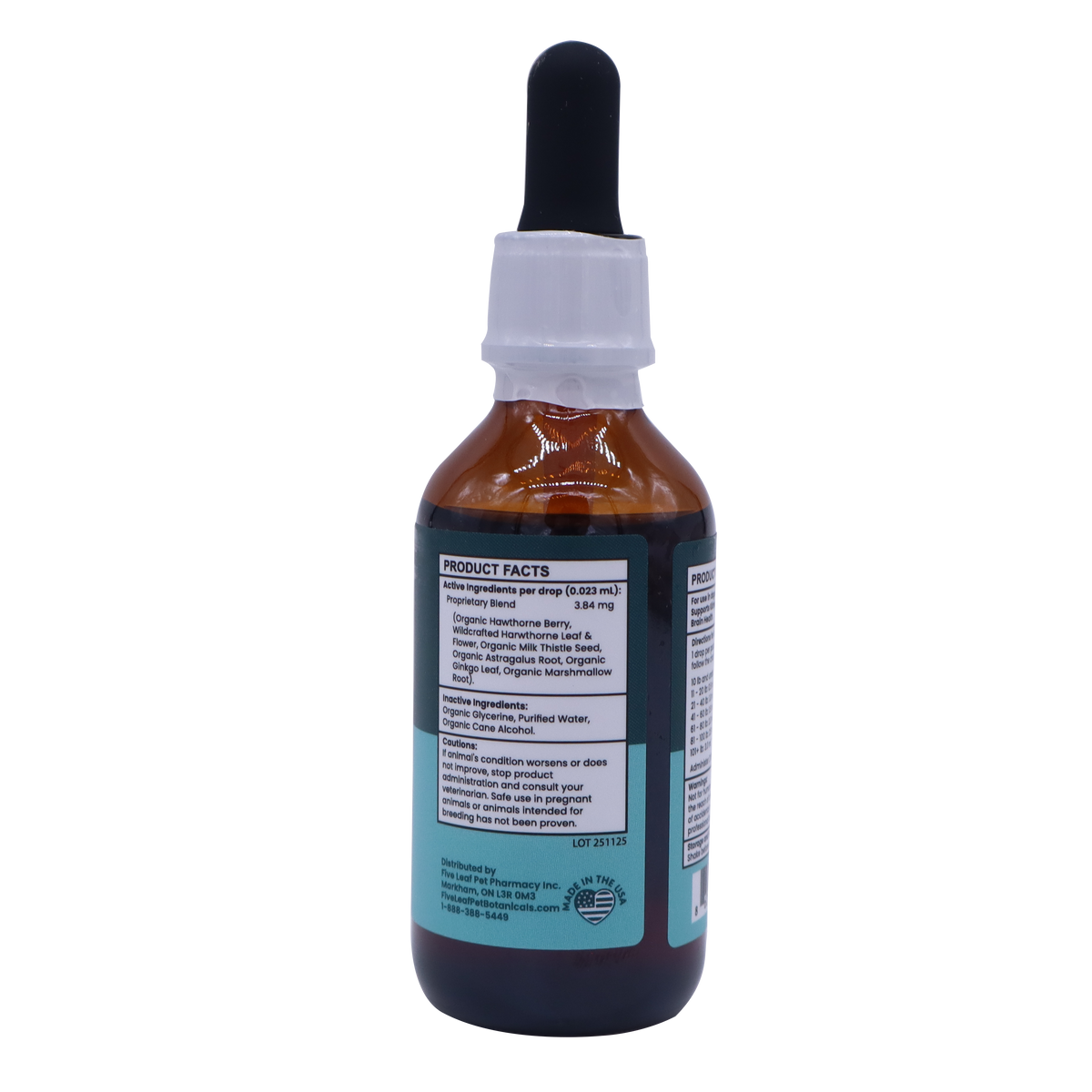 Amber glass dropper bottle of Five Leaf Botanicals | Pet Protect, showing the product facts and ingredient label.