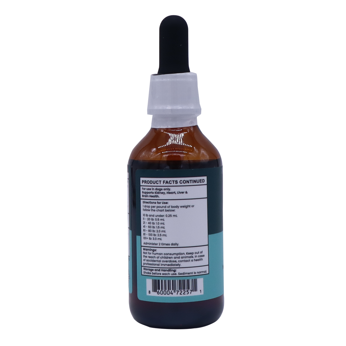 Amber glass dropper bottle for Five Leaf Botanicals Pet Protect, featuring a label with product facts, dosage directions by weight for dogs, and warnings regarding kidney and heart health.