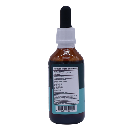 Amber glass dropper bottle for Five Leaf Botanicals Pet Protect, featuring a label with product facts, dosage directions by weight for dogs, and warnings regarding kidney and heart health.