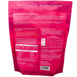 Back of a pink Shepherd Boy Farms | Pork Recipe for Cats - 14oz package displaying feeding guidelines, product description, ingredients list, guaranteed analysis, and contact information. The text highlights the use of whole goat's milk and the absence of synthetic supplements, emphasizing a grain-free cat food formula that supports natural nutrition.