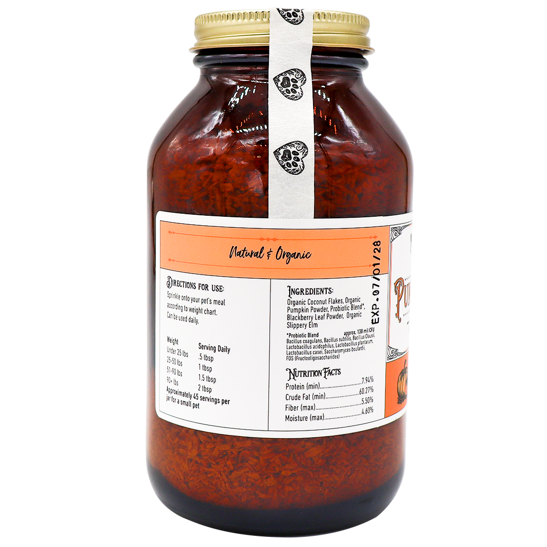 A large glass jar with a gold lid contains Project Sudz | Pumpkin Boost Digestive Health for Dogs and Cats - 210g, featuring a reddish-brown dried blend formulated to support pet digestive health. The label displays ingredients, directions, and nutrition facts, highlighting beneficial additions like slippery elm and soil-based probiotics. A white seal marked with black logos runs from the lid down the side of the jar.