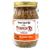 A glass jar labeled “Project Sudz | Pumpkin Rx GI Support for Dogs - 220g,” featuring an anti-diarrhea formula with bentonite clay and slippery elm. Designed to provide healthy gut support for dogs, the label is orange and white with black and red text.