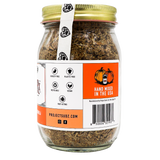 Project Sudz | Pumpkin Rx GI Support for Dogs - 220g comes in a glass jar with a gold lid, filled with brown granules. The label showcases that the product is plastic-free, vegan, recyclable, cruelty-free, and hand mixed in the USA. Featuring a pumpkin graphic and website information, this blend offers healthy gut support—making it an ideal choice for those looking for gentle pumpkin digestive relief for dogs made with care.