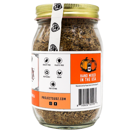 Project Sudz | Pumpkin Rx GI Support for Dogs - 220g comes in a glass jar with a gold lid, filled with brown granules. The label showcases that the product is plastic-free, vegan, recyclable, cruelty-free, and hand mixed in the USA. Featuring a pumpkin graphic and website information, this blend offers healthy gut support—making it an ideal choice for those looking for gentle pumpkin digestive relief for dogs made with care.