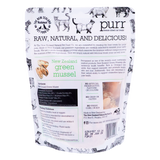 A bag of Purr Green Lipped Mussel Treats featuring cat illustrations, product information, feeding guidelines, and an image of the freeze-dried mussels.