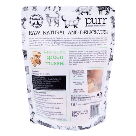 A bag of Purr Green Lipped Mussel Treats featuring cat illustrations, product information, feeding guidelines, and an image of the freeze-dried mussels.
