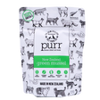 A pouch of Purr Green Lipped Mussel Treats, patterned with black and white cat illustrations and featuring a green label.