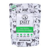 A pouch of Purr Green Lipped Mussel Treats, patterned with black and white cat illustrations and featuring a green label.