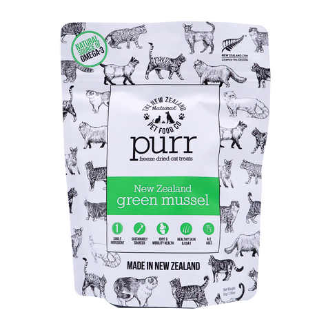 A pouch of Purr Green Lipped Mussel Treats, patterned with black and white cat illustrations and featuring a green label.