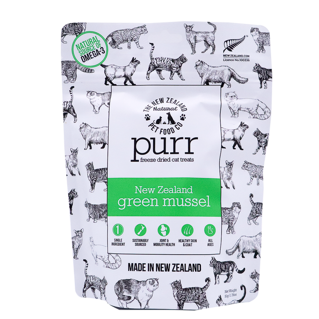 A pouch of Purr Green Lipped Mussel Treats, patterned with black and white cat illustrations and featuring a green label.