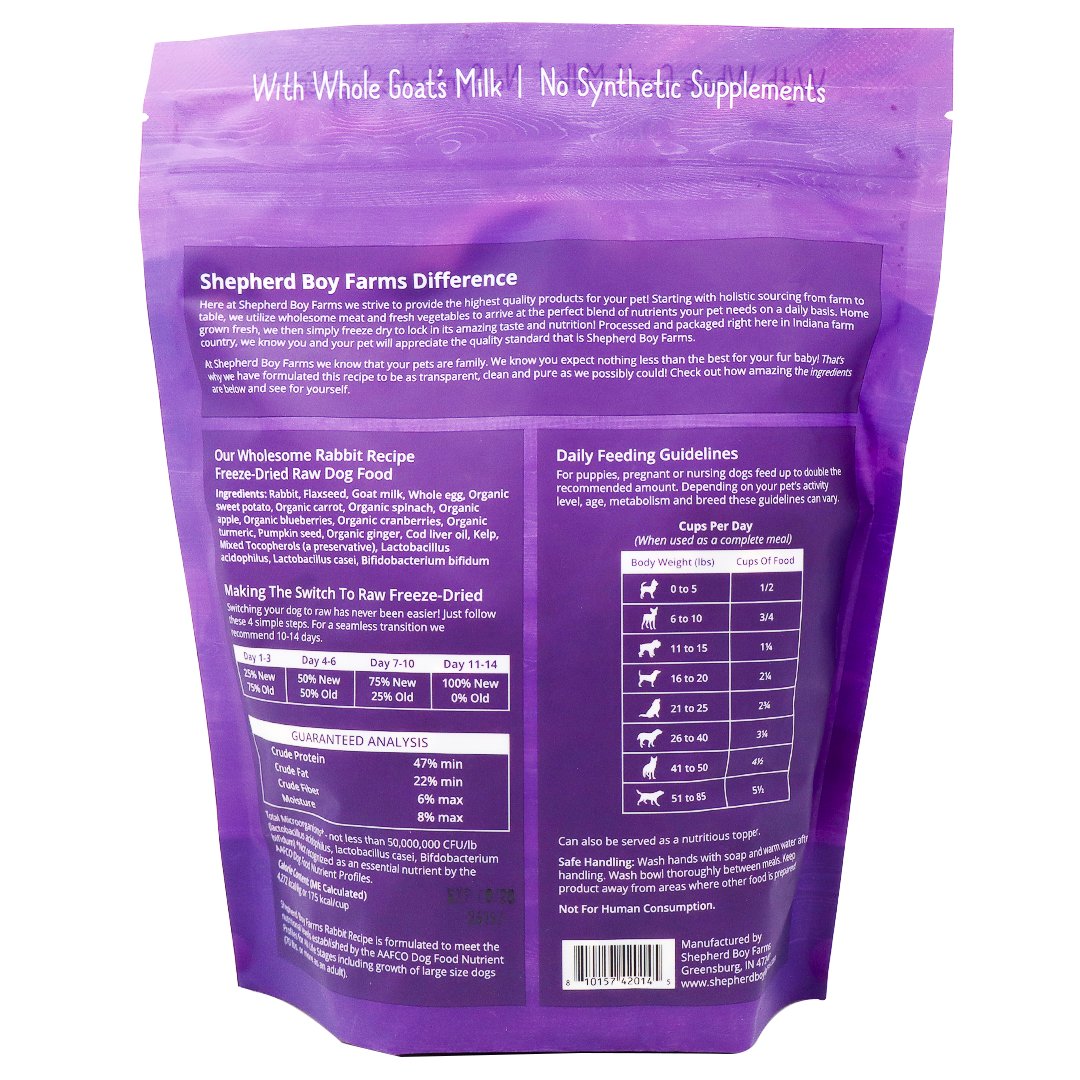 Back of a purple Shepherd Boy Farms | Freeze-Dried Rabbit Recipe for Dogs - 14oz package displaying product details, feeding guidelines by dog weight, ingredients list, and a Guaranteed Analysis nutrition chart. Text highlights With Whole Goat’s Milk | No Synthetic Supplements. Specially crafted as an organic, high protein dog food—ideal for those looking for premium rabbit dog food options.