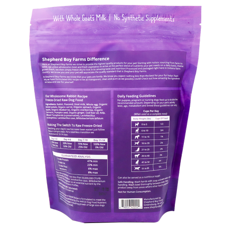 Back of a purple Shepherd Boy Farms | Freeze-Dried Rabbit Recipe for Dogs - 14oz package displaying product details, feeding guidelines by dog weight, ingredients list, and a Guaranteed Analysis nutrition chart. Text highlights With Whole Goat’s Milk | No Synthetic Supplements. Specially crafted as an organic, high protein dog food—ideal for those looking for premium rabbit dog food options.