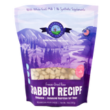 A 14 oz (397g) bag of Shepherd Boy Farms Freeze-Dried Rabbit Recipe for Dogs, featuring a purple design with a nature scene and deer, emphasizes goat’s milk and the absence of synthetic supplements. This high-protein, organic dog food provides wholesome nutrition for your pet.