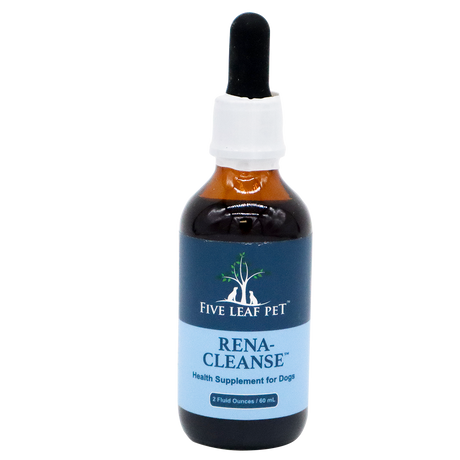 A brown glass dropper bottle labeled Five Leaf Botanicals | Canine Kidney Health Program, Herbal Kidney Supplement and Health Supplement for Dogs, 2 Fluid Ounces / 60 mL, designed to support canine kidney health, against a white background.