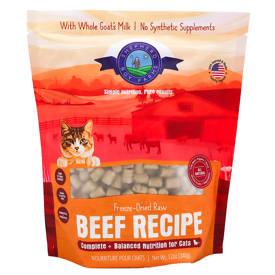Shepherd Boy Farms | Beef Recipe for Cats - 14oz features a vibrant package with a cat image and ranch scene, highlighting whole goat’s milk, no synthetic supplements, and complete nutrition. This natural freeze-dried raw cat food is thoughtfully crafted to provide optimal health benefits for your feline companion.