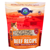 Shepherd Boy Farms | Beef Recipe for Cats - 14oz features a vibrant package with a cat image and ranch scene, highlighting whole goat’s milk, no synthetic supplements, and complete nutrition. This natural freeze-dried raw cat food is thoughtfully crafted to provide optimal health benefits for your feline companion.