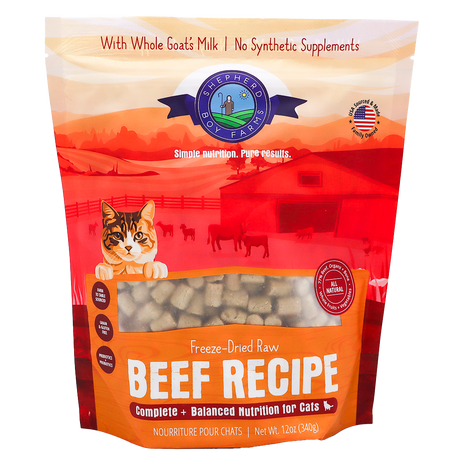 Shepherd Boy Farms | Beef Recipe for Cats - 14oz features a vibrant package with a cat image and ranch scene, highlighting whole goat’s milk, no synthetic supplements, and complete nutrition. This natural freeze-dried raw cat food is thoughtfully crafted to provide optimal health benefits for your feline companion.