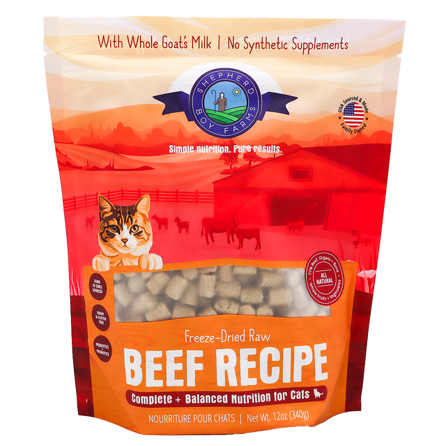 Shepherd Boy Farms | Beef Recipe for Cats - 14oz features a vibrant package with a cat image and ranch scene, highlighting whole goat’s milk, no synthetic supplements, and complete nutrition. This natural freeze-dried raw cat food is thoughtfully crafted to provide optimal health benefits for your feline companion.