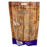 The back of the Shepherd Boy Farms Freeze-Dried Duck Hearts - 3oz bag displays a brand promise, high protein duck heart details, storage instructions, guaranteed analysis, calorie info, contact details, and features a wood-plank design.