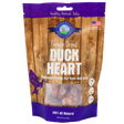 A 3oz bag of Shepherd Boy Farms Freeze-Dried Duck Hearts—single-ingredient, 100% all natural treats for dogs and cats—with a wood-grain design, product name, and a small window displaying the freeze-dried duck hearts inside.