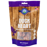 A 3oz bag of Shepherd Boy Farms Freeze-Dried Duck Hearts—single-ingredient, 100% all natural treats for dogs and cats—with a wood-grain design, product name, and a small window displaying the freeze-dried duck hearts inside.