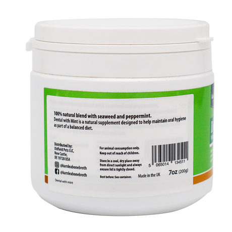 KarnLea | Dental with Mint Powder - 200g comes in a white container with a green and white label. Made from 100% natural seaweed and peppermint, simply sprinkle over food to support your pet’s oral hygiene as part of a balanced diet.
