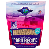 A 14 oz (396 g) bag of Shepherd Boy Farms Pork Recipe for Cats features freeze-dried raw pork, a cartoon cat with a farm background, and text highlighting goat's milk and balanced nutrition for cats. This grain-free cat food provides wholesome nourishment in every serving.