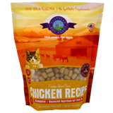 Certainly! Here’s the rewritten sentence using your product data: A 14oz bag of Shepherd Boy Farms Chicken Recipe for Cats showcases a farm-themed background, a playful cat illustration, and text promoting whole goat’s milk and natural ingredients—all combined in a tasty freeze-dried raw chicken recipe your feline will love.