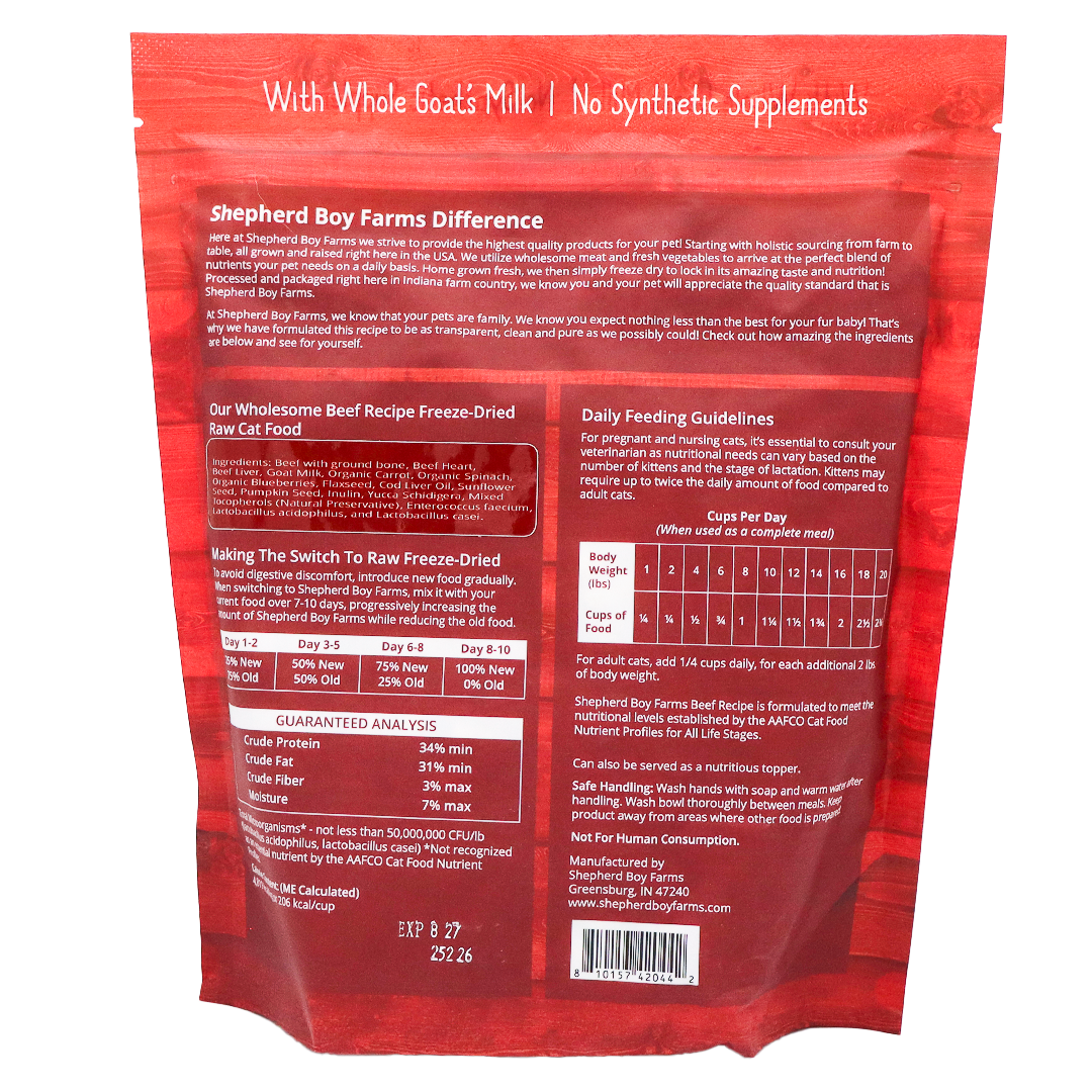 Back of a red Shepherd Boy Farms | Beef Recipe for Cats - 14oz package with text about product features, ingredients, daily feeding guidelines, a nutrition analysis chart, and company contact information.