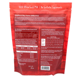 Back of a red Shepherd Boy Farms | Beef Recipe for Cats - 14oz package with text about product features, ingredients, daily feeding guidelines, a nutrition analysis chart, and company contact information.